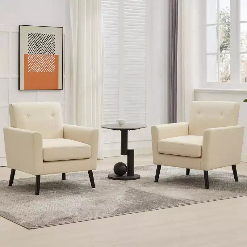 Fauteuil d'appoint moderne du milieu du siècle avec pieds en bois | Fauteuil rembourré en tissu lin avec coussin épais pour le salon, le bureau et la chambre