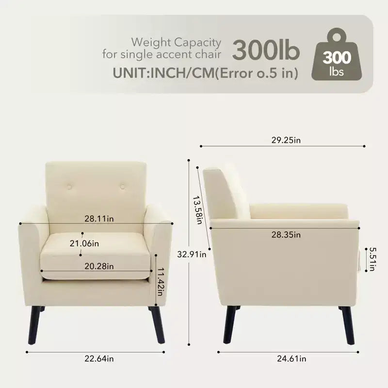 Fauteuil d'appoint moderne du milieu du siècle avec pieds en bois | Fauteuil rembourré en tissu lin avec coussin épais pour le salon, le bureau et la chambre