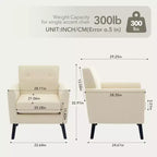 Fauteuil d'appoint moderne du milieu du siècle avec pieds en bois | Fauteuil rembourré en tissu lin avec coussin épais pour le salon, le bureau et la chambre