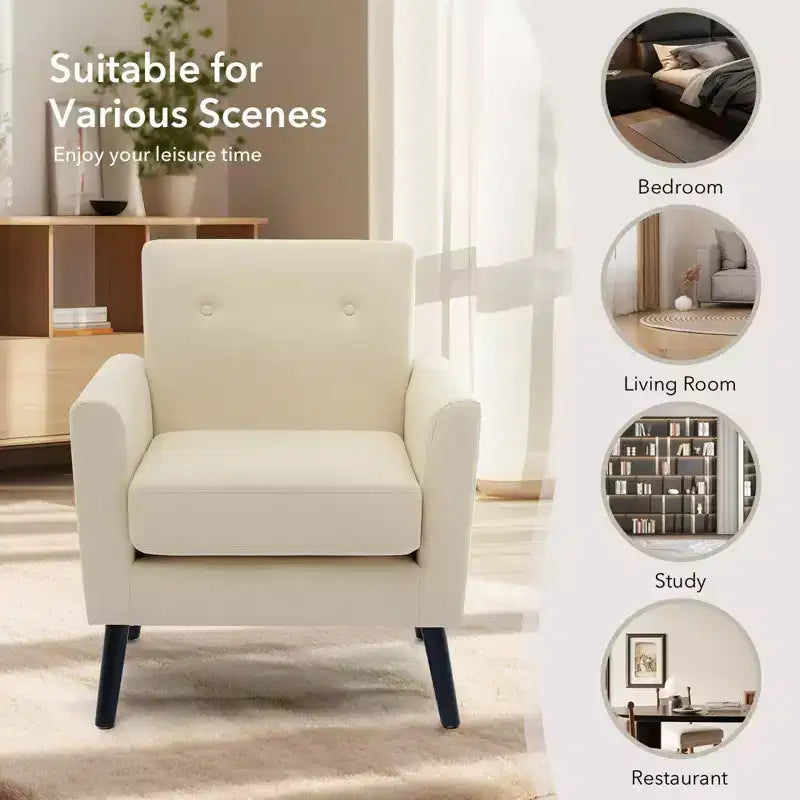 Fauteuil d'appoint moderne du milieu du siècle avec pieds en bois | Fauteuil rembourré en tissu lin avec coussin épais pour le salon, le bureau et la chambre