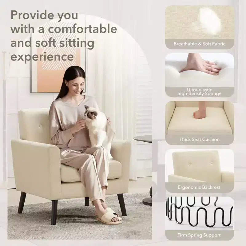 Fauteuil d'appoint moderne du milieu du siècle avec pieds en bois | Fauteuil rembourré en tissu lin avec coussin épais pour le salon, le bureau et la chambre