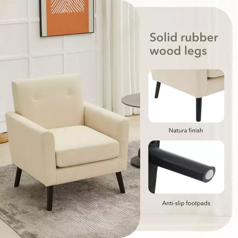Fauteuil d'appoint moderne du milieu du siècle avec pieds en bois | Fauteuil rembourré en tissu lin avec coussin épais pour le salon, le bureau et la chambre