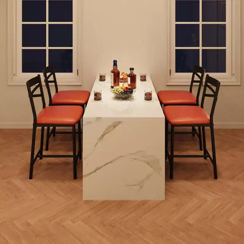 Lot de 4 tabourets de bar, tabourets de bar hauteur comptoir avec assise rembourrée en PU, chaises de bar de cuisine avec cadre en métal de 66 cm avec dossier en X et repose-pieds