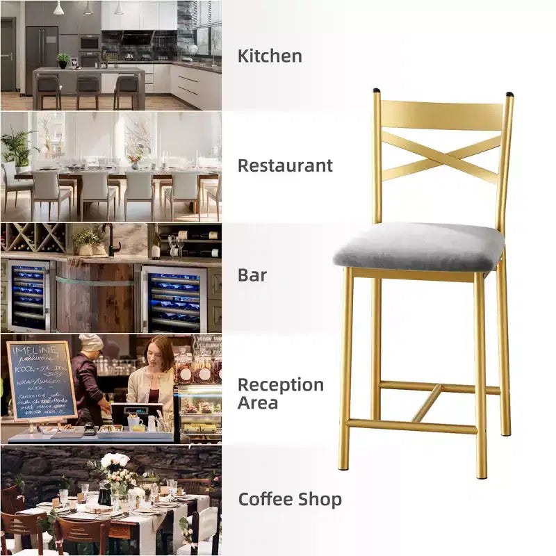 Lot de 4 tabourets de bar, tabourets de bar hauteur comptoir avec assise rembourrée en PU, chaises de bar de cuisine avec cadre en métal de 66 cm avec dossier en X et repose-pieds
