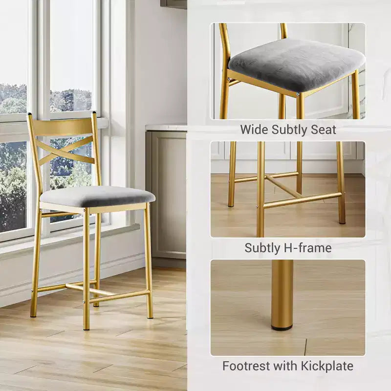 Lot de 4 tabourets de bar, tabourets de bar hauteur comptoir avec assise rembourrée en PU, chaises de bar de cuisine avec cadre en métal de 66 cm avec dossier en X et repose-pieds