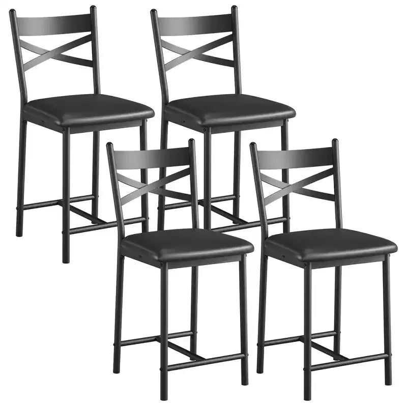 Lot de 4 tabourets de bar, tabourets de bar hauteur comptoir avec assise rembourrée en PU, chaises de bar de cuisine avec cadre en métal de 66 cm avec dossier en X et repose-pieds