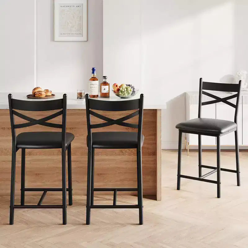 Lot de 4 tabourets de bar, tabourets de bar hauteur comptoir avec assise rembourrée en PU, chaises de bar de cuisine avec cadre en métal de 66 cm avec dossier en X et repose-pieds