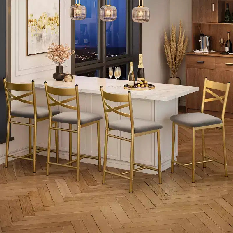 Lot de 4 tabourets de bar, tabourets de bar hauteur comptoir avec assise rembourrée en PU, chaises de bar de cuisine avec cadre en métal de 66 cm avec dossier en X et repose-pieds
