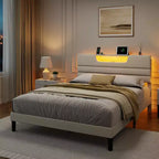 Cadre de lit Queen Size avec station de recharge Lumières LED Tête de lit rembourrée Lit plateforme moderne Tissu beige Étagère de rangement à 2 niveaux Lattes en bois robustes