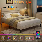 Cadre de lit Queen Size avec station de recharge Lumières LED Tête de lit rembourrée Lit plateforme moderne Tissu beige Étagère de rangement à 2 niveaux Lattes en bois robustes