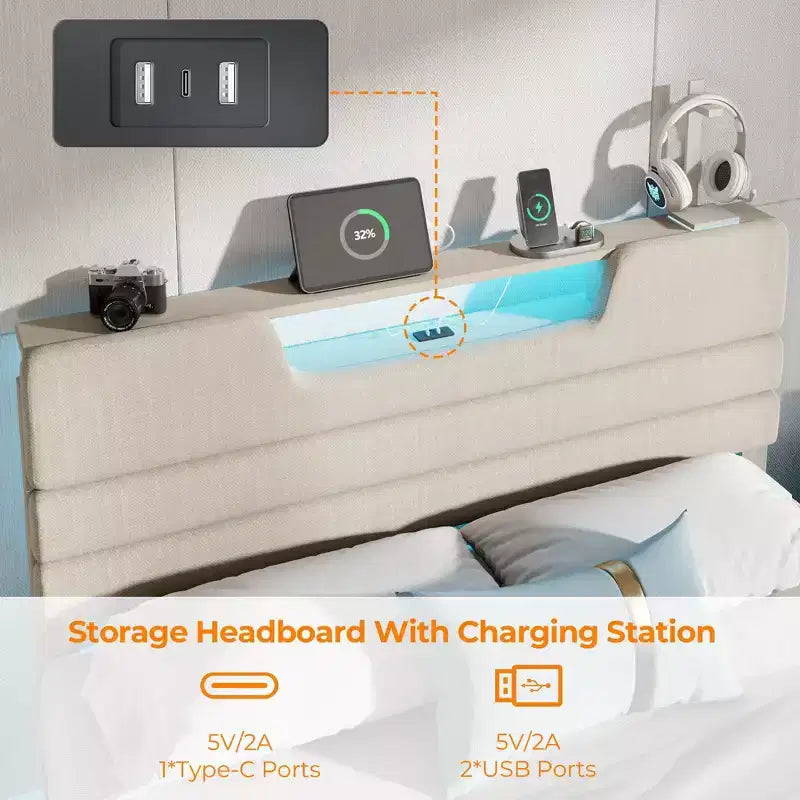 Cadre de lit Queen Size avec station de recharge Lumières LED Tête de lit rembourrée Lit plateforme moderne Tissu beige Étagère de rangement à 2 niveaux Lattes en bois robustes