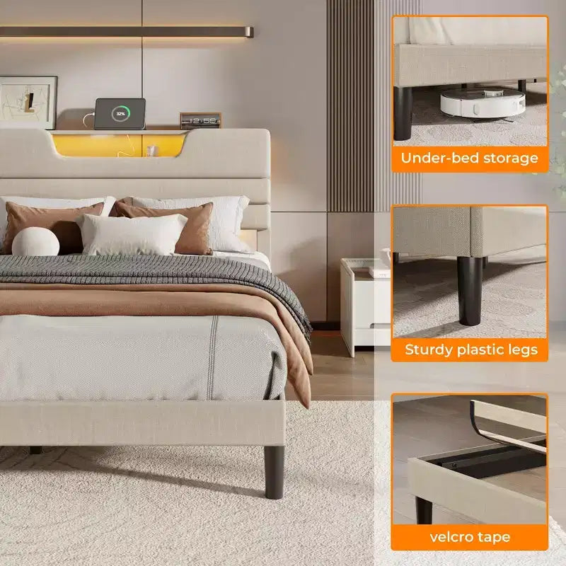 Cadre de lit Queen Size avec station de recharge Lumières LED Tête de lit rembourrée Lit plateforme moderne Tissu beige Étagère de rangement à 2 niveaux Lattes en bois robustes