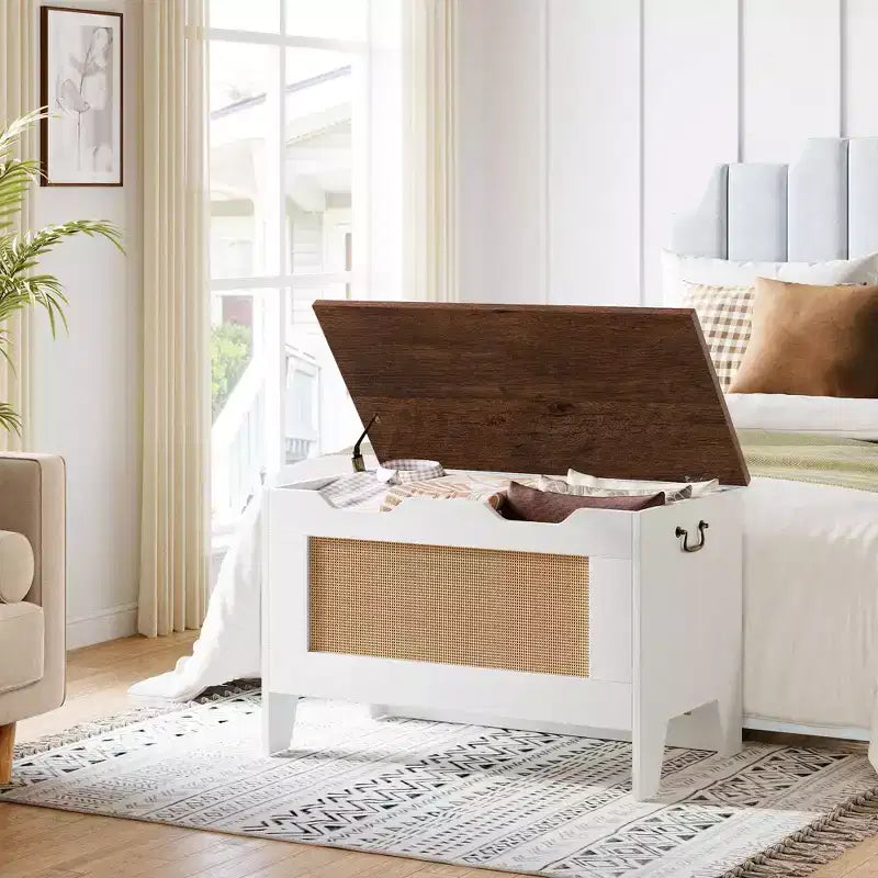 Coffre de rangement, Banc de rangement en bois avec charnière de sécurité, Coffre à couvertures avec couvercle à charnière, Supporte 159 kg, pour entrée, salon, chambre à coucher