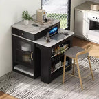 PexFix 59,5 Îlot de cuisine avec table à manger extensible Table de rangement de cuisine avec rangement double face avec prise de courant et étagères latérales ouvertes Noir