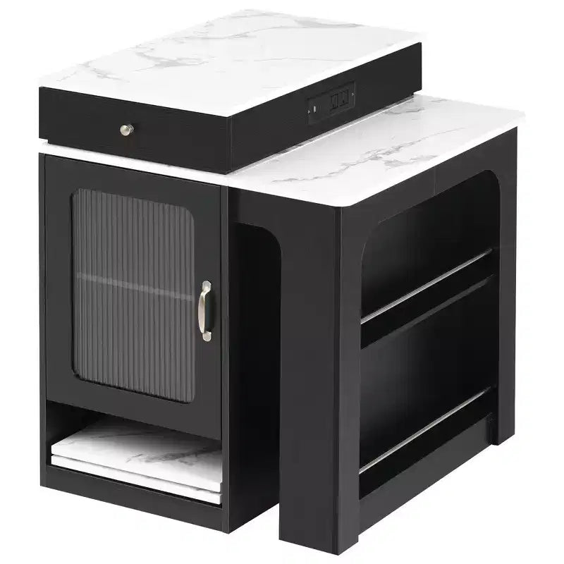 PexFix 59,5 Îlot de cuisine avec table à manger extensible Table de rangement de cuisine avec rangement double face avec prise de courant et étagères latérales ouvertes Noir