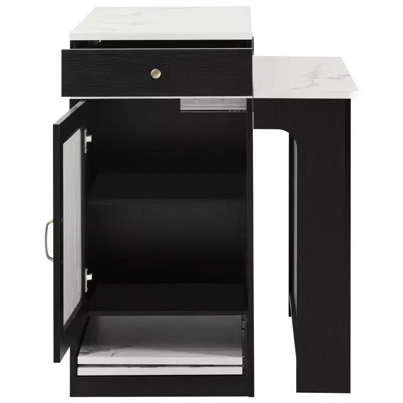 PexFix 59,5 Îlot de cuisine avec table à manger extensible Table de rangement de cuisine avec rangement double face avec prise de courant et étagères latérales ouvertes Noir