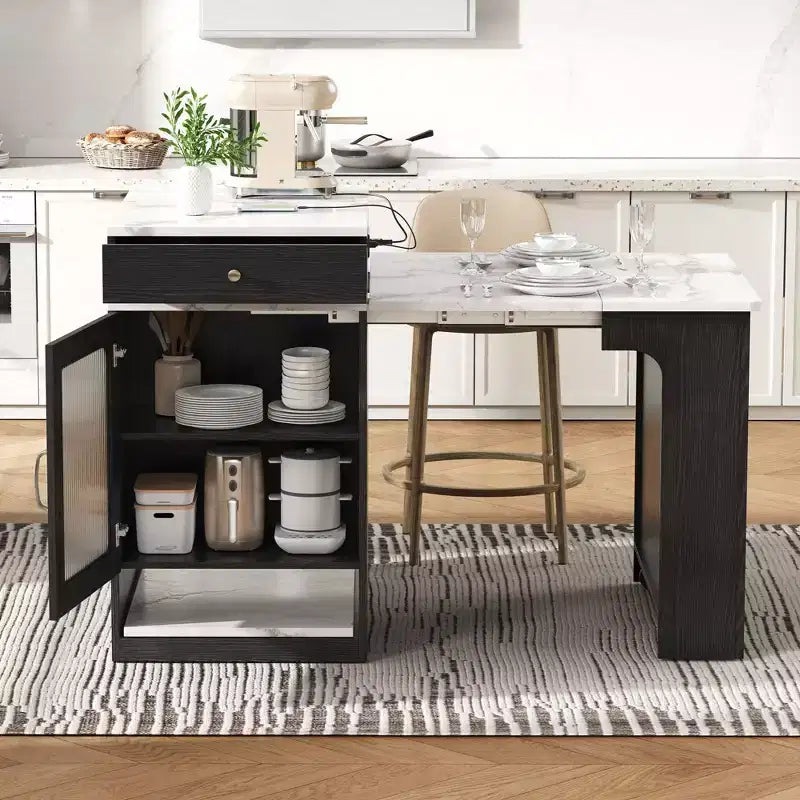PexFix 59,5 Îlot de cuisine avec table à manger extensible Table de rangement de cuisine avec rangement double face avec prise de courant et étagères latérales ouvertes Noir