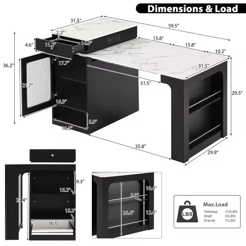 PexFix 59,5 Îlot de cuisine avec table à manger extensible Table de rangement de cuisine avec rangement double face avec prise de courant et étagères latérales ouvertes Noir