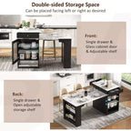 PexFix 59,5 Îlot de cuisine avec table à manger extensible Table de rangement de cuisine avec rangement double face avec prise de courant et étagères latérales ouvertes Noir