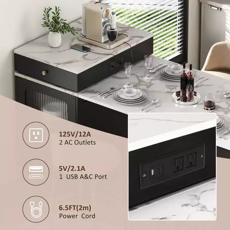 PexFix 59,5 Îlot de cuisine avec table à manger extensible Table de rangement de cuisine avec rangement double face avec prise de courant et étagères latérales ouvertes Noir