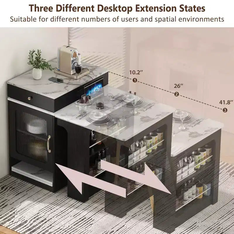 PexFix 59,5 Îlot de cuisine avec table à manger extensible Table de rangement de cuisine avec rangement double face avec prise de courant et étagères latérales ouvertes Noir