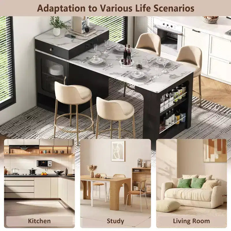PexFix 59,5 Îlot de cuisine avec table à manger extensible Table de rangement de cuisine avec rangement double face avec prise de courant et étagères latérales ouvertes Noir