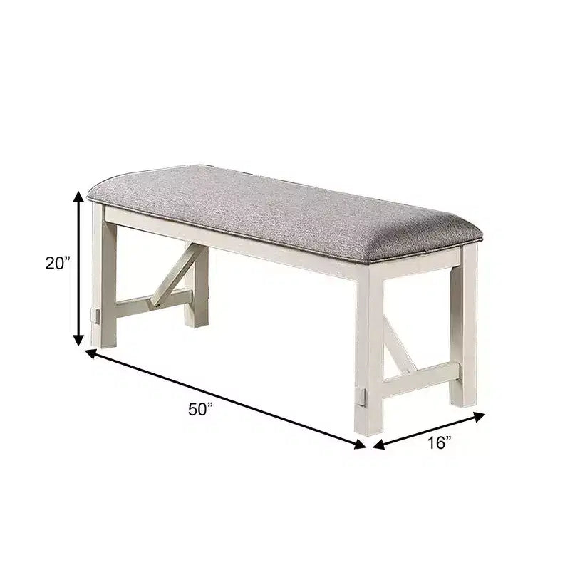 Banc de salle à manger Royal Hampton 50 pouces, assise rembourrée en tissu, bois d'hévéa, gris et blanc