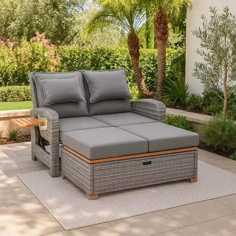 Chaise longue inclinable d'extérieur Royal Hampton avec banc de rangement, oreillers, gris