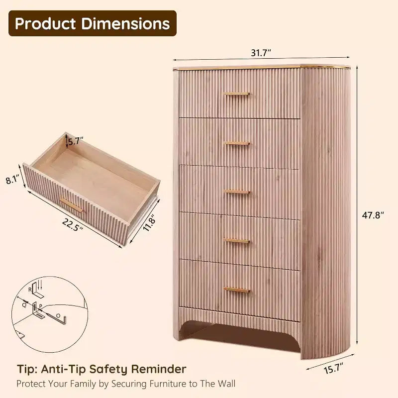Commode haute à 5 tiroirs pour chambre à coucher, 121,4 cm de hauteur avec poignées dorées, profil incurvé, commode de rangement en bois pour salon