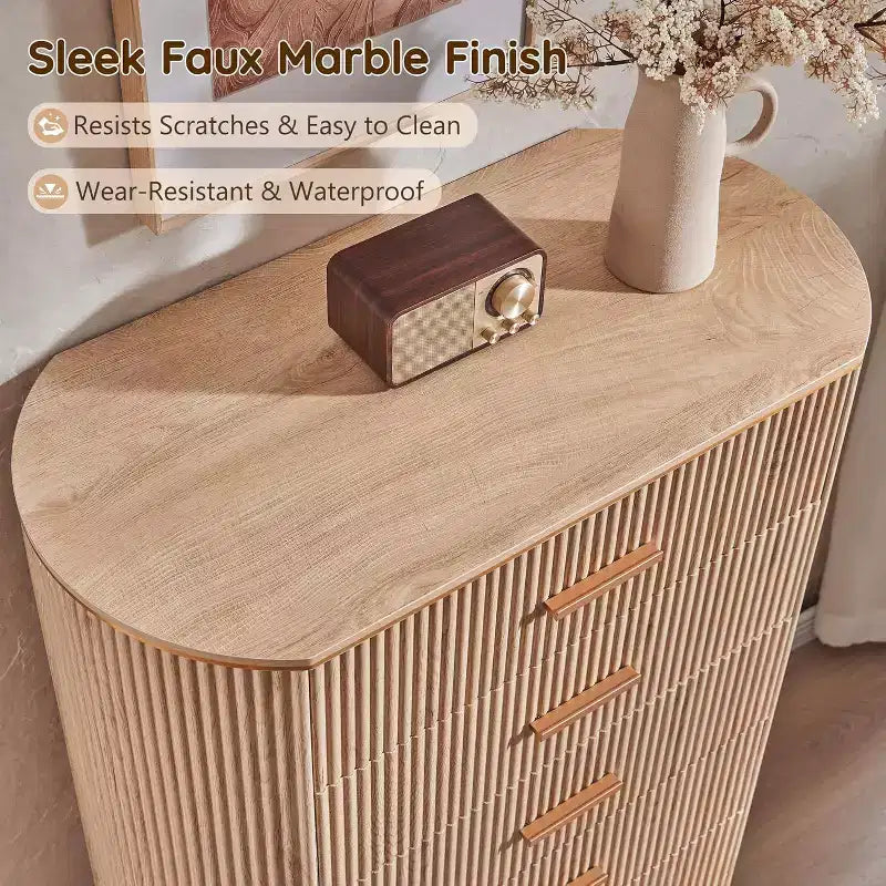 Commode haute à 5 tiroirs pour chambre à coucher, 121,4 cm de hauteur avec poignées dorées, profil incurvé, commode de rangement en bois pour salon