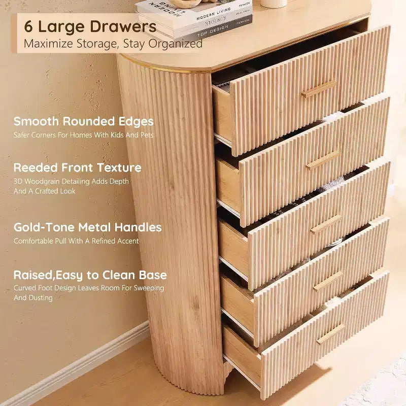Commode haute à 5 tiroirs pour chambre à coucher, 121,4 cm de hauteur avec poignées dorées, profil incurvé, commode de rangement en bois pour salon