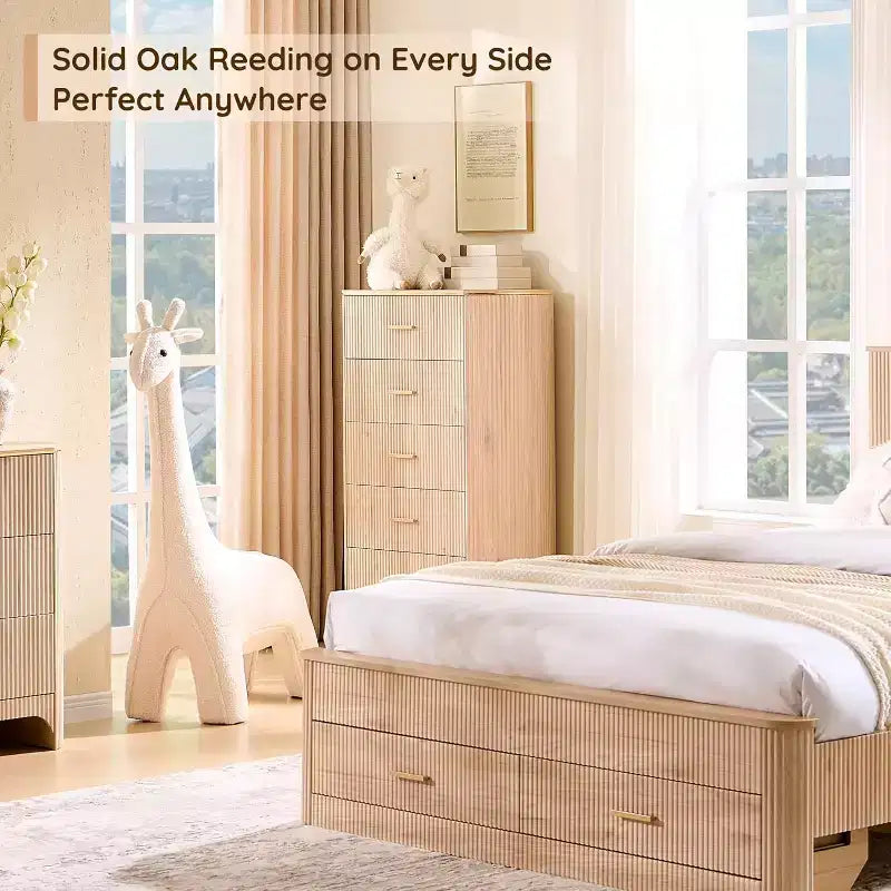 Commode haute à 5 tiroirs pour chambre à coucher, 121,4 cm de hauteur avec poignées dorées, profil incurvé, commode de rangement en bois pour salon