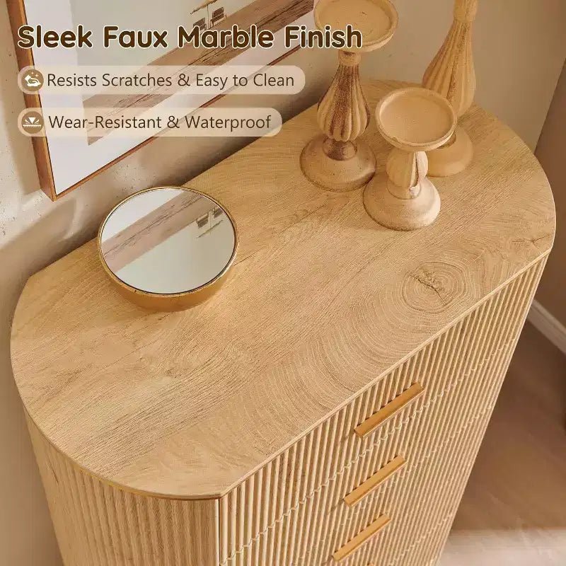 Commode haute à 5 tiroirs pour chambre à coucher, 121,4 cm de hauteur avec poignées dorées, profil incurvé, commode de rangement en bois pour salon
