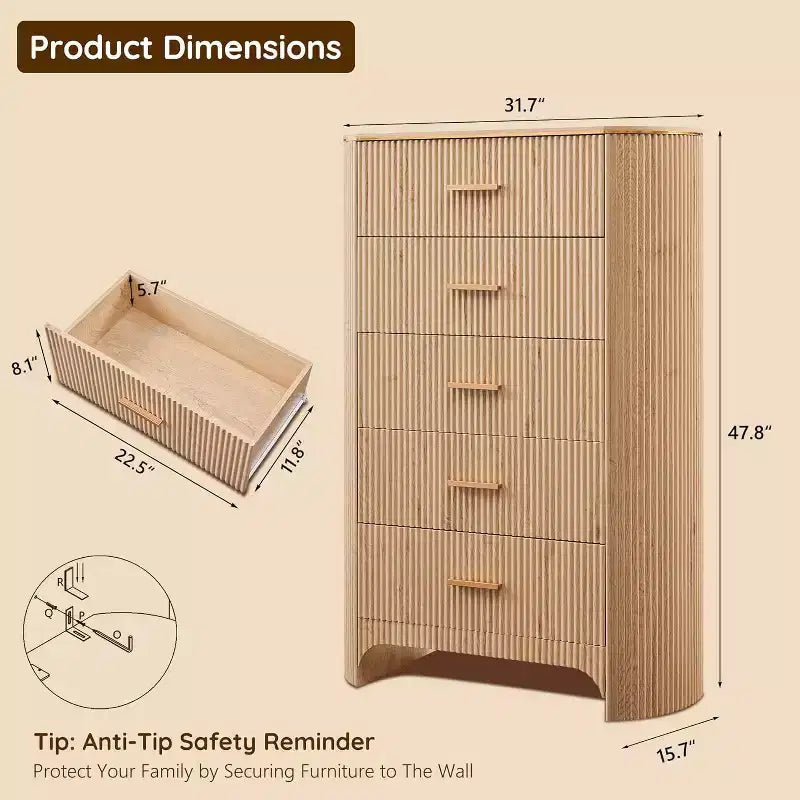 Commode haute à 5 tiroirs pour chambre à coucher, 121,4 cm de hauteur avec poignées dorées, profil incurvé, commode de rangement en bois pour salon