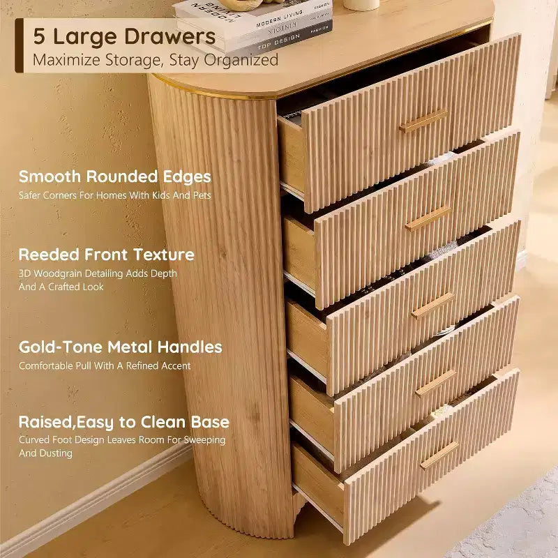 Commode haute à 5 tiroirs pour chambre à coucher, 121,4 cm de hauteur avec poignées dorées, profil incurvé, commode de rangement en bois pour salon
