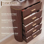 Commode haute à 5 tiroirs pour chambre à coucher, 121,4 cm de hauteur avec poignées dorées, profil incurvé, commode de rangement en bois pour salon