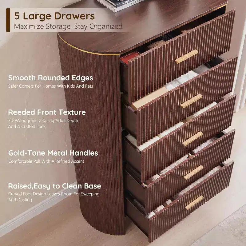 Commode haute à 5 tiroirs pour chambre à coucher, 121,4 cm de hauteur avec poignées dorées, profil incurvé, commode de rangement en bois pour salon