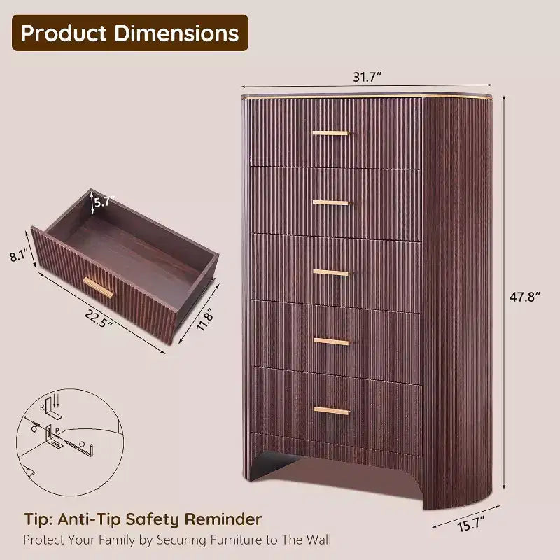 Commode haute à 5 tiroirs pour chambre à coucher, 121,4 cm de hauteur avec poignées dorées, profil incurvé, commode de rangement en bois pour salon