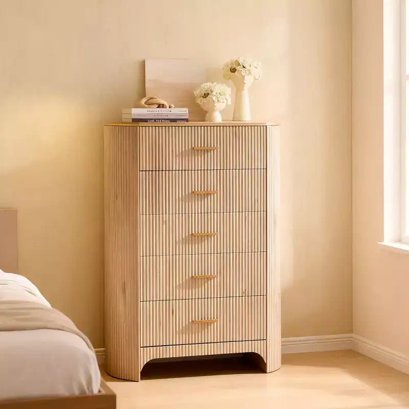 Commode haute à 5 tiroirs pour chambre à coucher, 121,4 cm de hauteur avec poignées dorées, profil incurvé, commode de rangement en bois pour salon