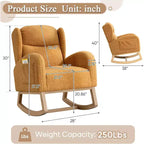 Fauteuil à bascule en lin avec appuie-tête épais, fauteuil à bascule planeur rembourré moderne du milieu du siècle, accoudoirs incurvés, base robuste en bois massif.