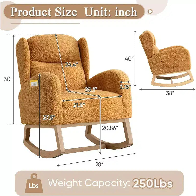 Fauteuil à bascule en lin avec appuie-tête épais, fauteuil à bascule planeur rembourré moderne du milieu du siècle, accoudoirs incurvés, base robuste en bois massif.