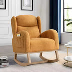 Fauteuil à bascule en lin avec appuie-tête épais, fauteuil à bascule planeur rembourré moderne du milieu du siècle, accoudoirs incurvés, base robuste en bois massif.
