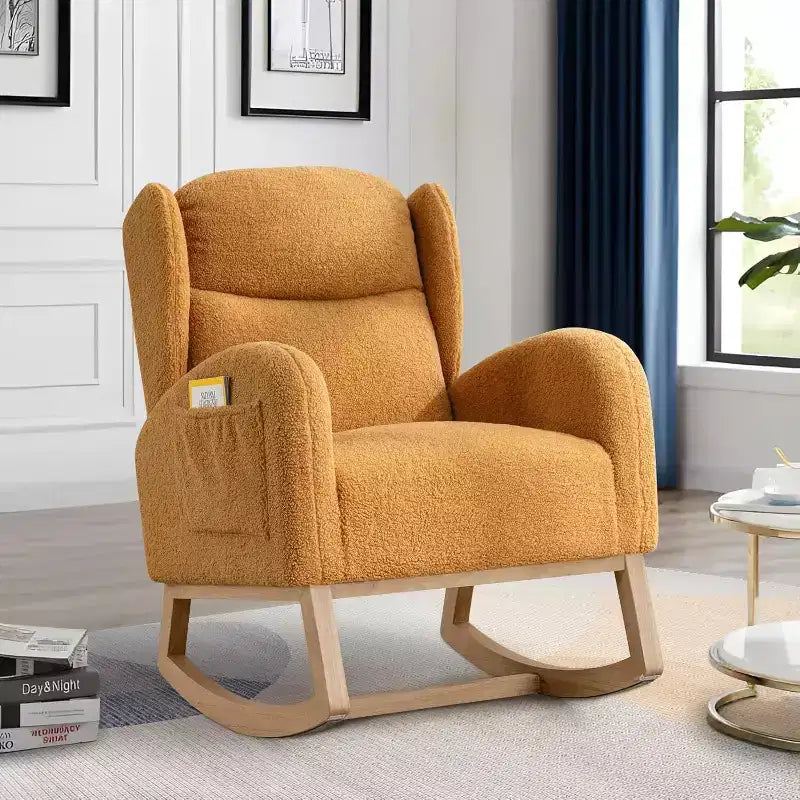 Fauteuil à bascule en lin avec appuie-tête épais, fauteuil à bascule planeur rembourré moderne du milieu du siècle, accoudoirs incurvés, base robuste en bois massif.