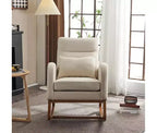 Fauteuil à bascule en lin avec appuie-tête épais, fauteuil à bascule planeur rembourré moderne du milieu du siècle, accoudoirs incurvés, base robuste en bois massif.