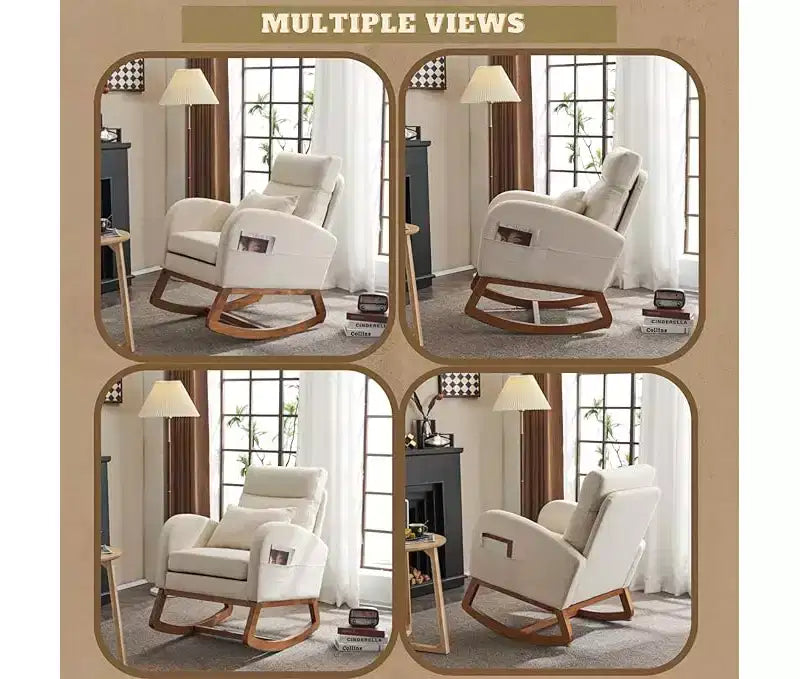 Fauteuil à bascule en lin avec appuie-tête épais, fauteuil à bascule planeur rembourré moderne du milieu du siècle, accoudoirs incurvés, base robuste en bois massif.
