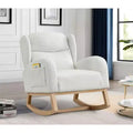 Linen Rocking Chair with Thick Headrest, Upholstered Mid-Century Modern Nursing Rocker Glider, Curved Armrest, Sturdy Solid Wood Base.