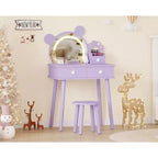 Coiffeuse pour enfants avec miroir éclairé et tabouret, ensemble de coiffeuse en forme d'ours avec 2 tiroirs, coiffeuse pour petite fille, ensemble de coiffeuse de jeu de simulation