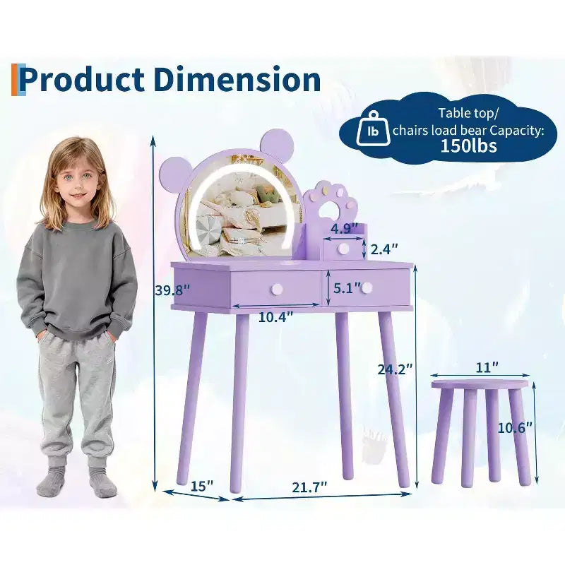 Coiffeuse pour enfants avec miroir éclairé et tabouret, ensemble de coiffeuse en forme d'ours avec 2 tiroirs, coiffeuse pour petite fille, ensemble de coiffeuse de jeu de simulation