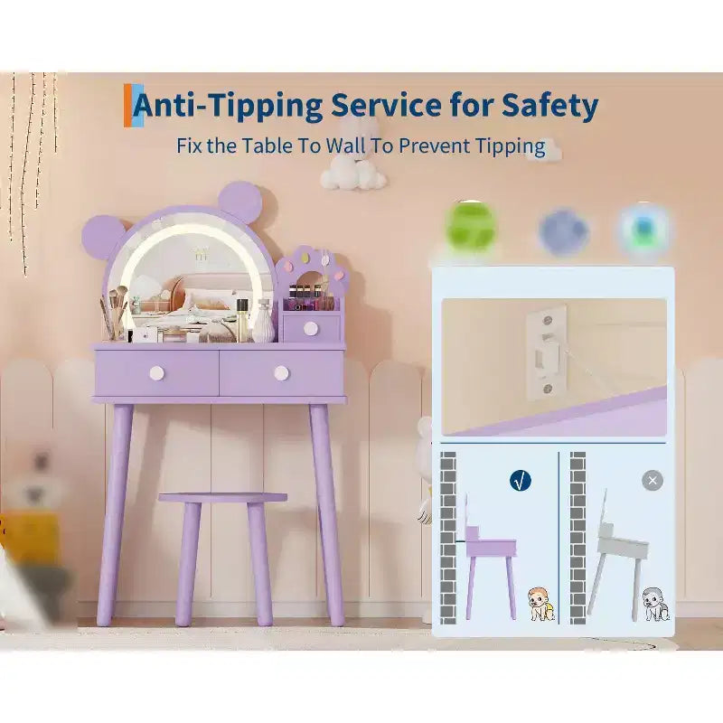 Coiffeuse pour enfants avec miroir éclairé et tabouret, ensemble de coiffeuse en forme d'ours avec 2 tiroirs, coiffeuse pour petite fille, ensemble de coiffeuse de jeu de simulation