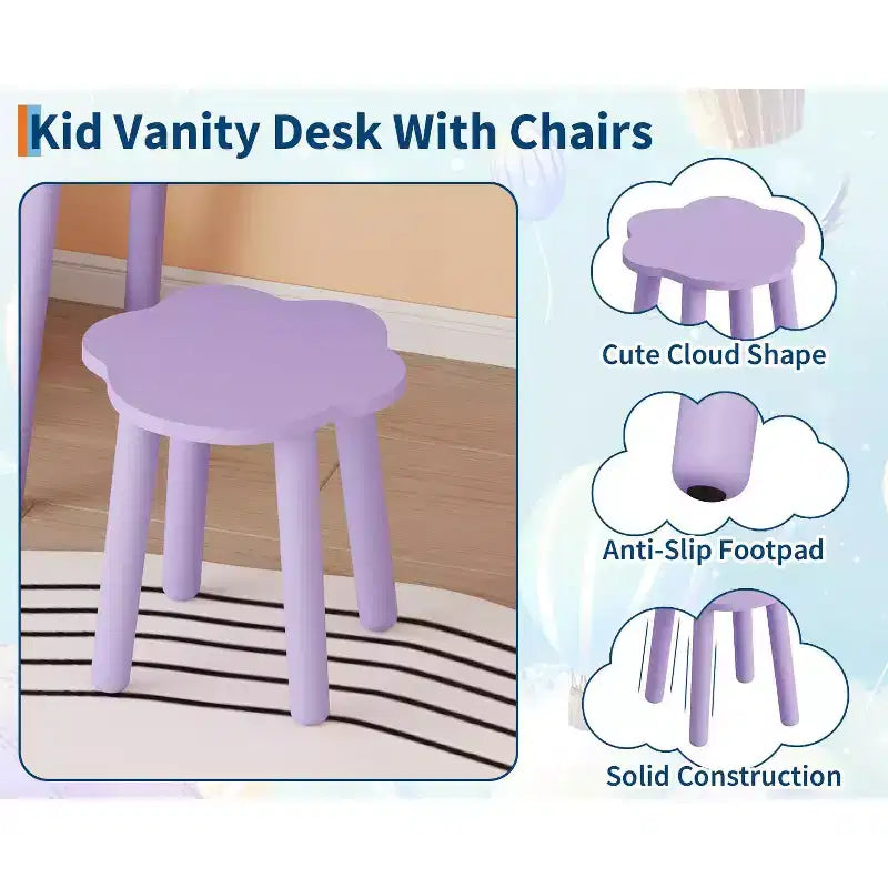 Coiffeuse pour enfants avec miroir éclairé et tabouret, ensemble de coiffeuse en forme d'ours avec 2 tiroirs, coiffeuse pour petite fille, ensemble de coiffeuse de jeu de simulation